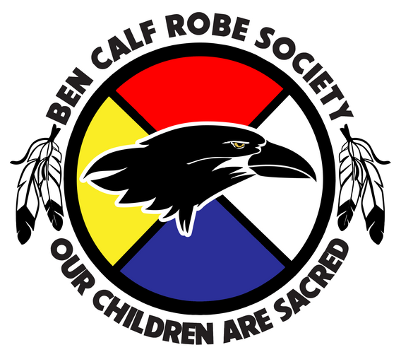 The Ben Calf Robe Society crest: a raven over a medicine wheel, ringed by the society's name and the words Our Children Are Sacred